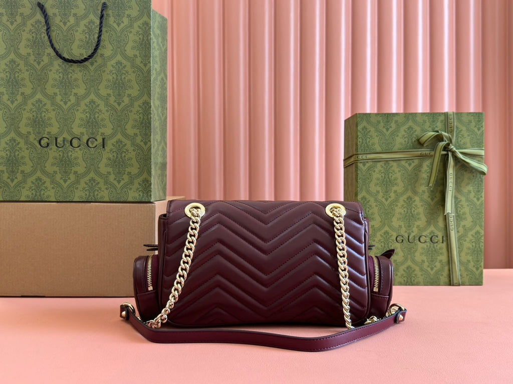 GUCCI MARMONT SMALL MULTI-POCKET BAG 25 IN CURRANT RED CALFSKIN GOLD HARDWARE