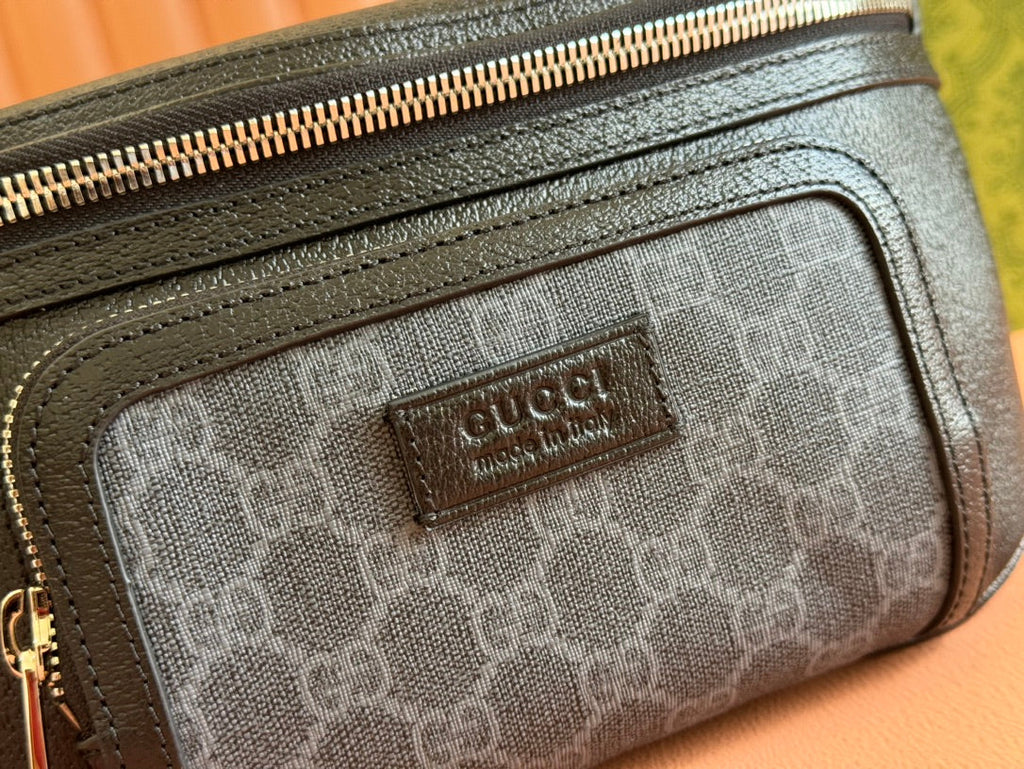 GUCCI SMALL BELT BAG 29 IN BLACK CALFSKIN AND DARK GRAY MONOGRAM CANVAS