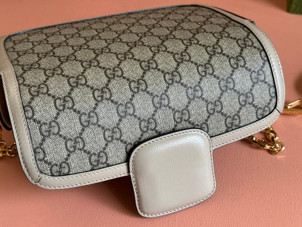 GUCCI HORSEBIT 1955 BAG 24 IN BEIGE CANVAS AND WHITE CALFSKIN