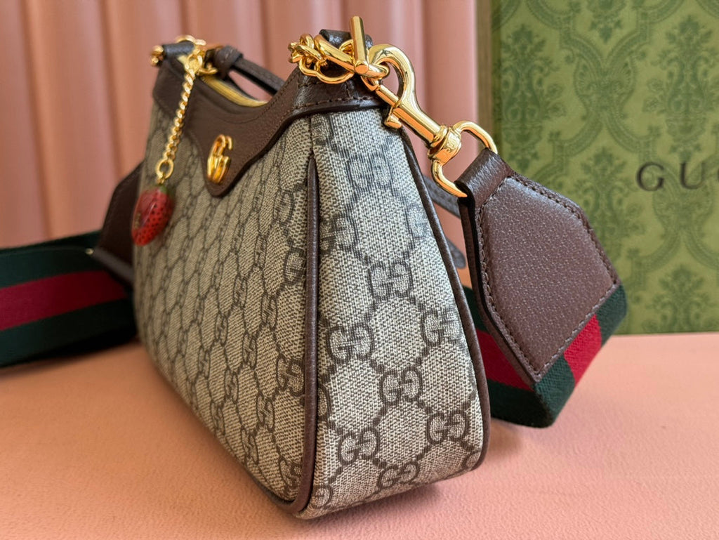 GUCCI OPHIDIA SMALL SHOULDER BAG 25 IN BEIGE EBONY CANVAS AND DARK BROWN LAMBSKIN GOLD HARDWARE