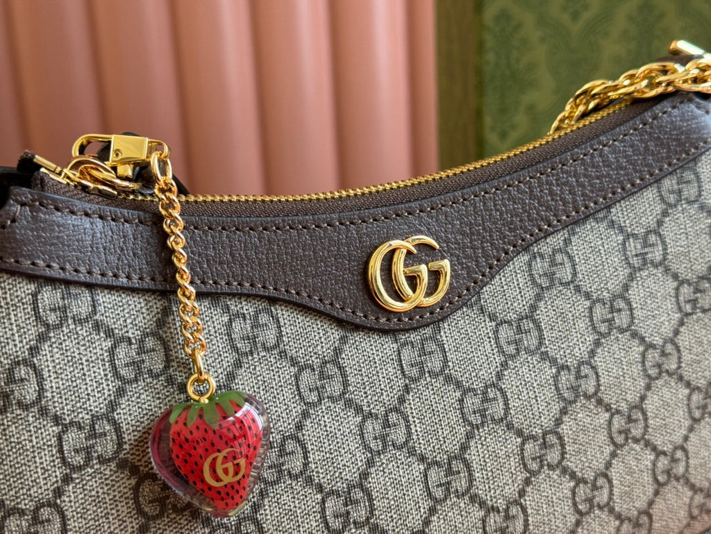 GUCCI OPHIDIA SMALL SHOULDER BAG 25 IN BEIGE EBONY CANVAS AND DARK BROWN LAMBSKIN GOLD HARDWARE