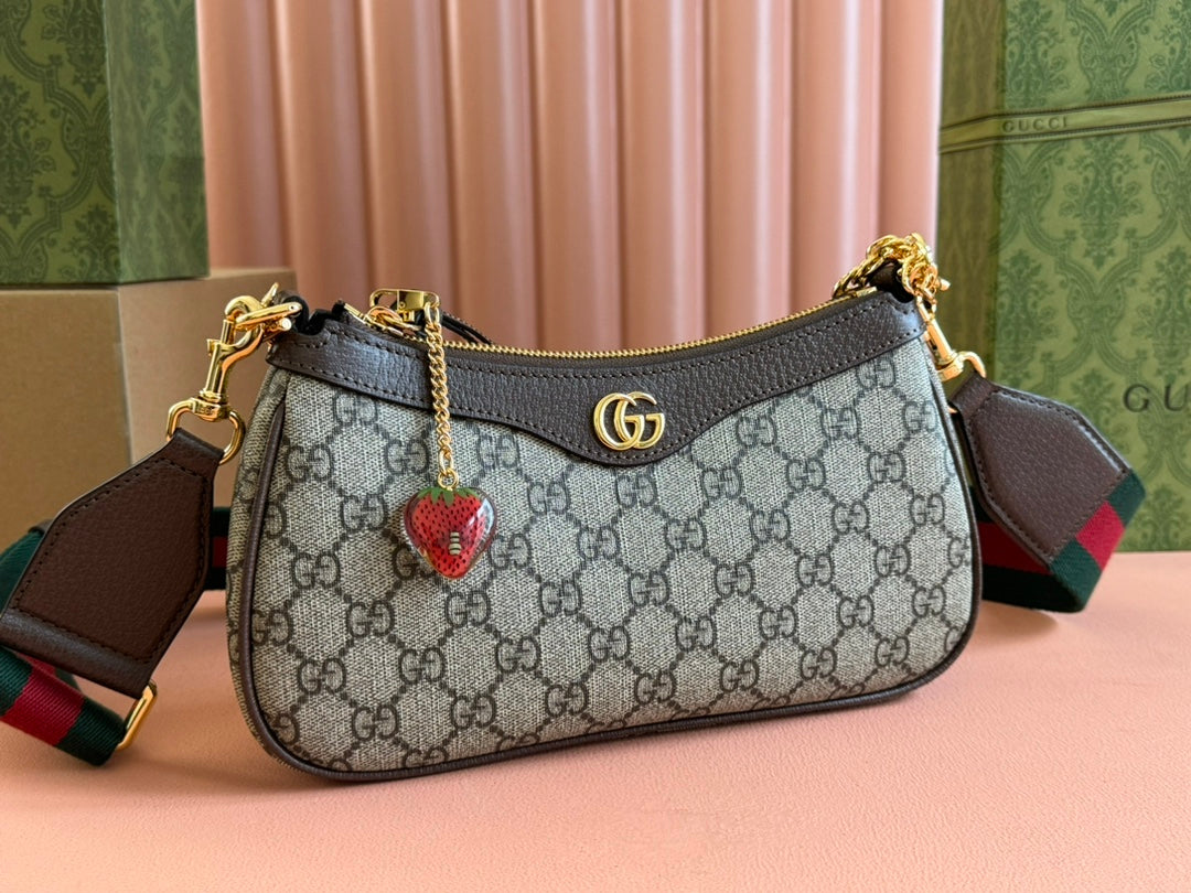 GUCCI OPHIDIA SMALL SHOULDER BAG 25 IN BEIGE EBONY CANVAS AND DARK BROWN LAMBSKIN GOLD HARDWARE