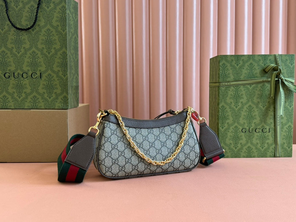 GUCCI OPHIDIA SMALL SHOULDER BAG 25 IN BEIGE EBONY CANVAS AND DARK BROWN LAMBSKIN GOLD HARDWARE