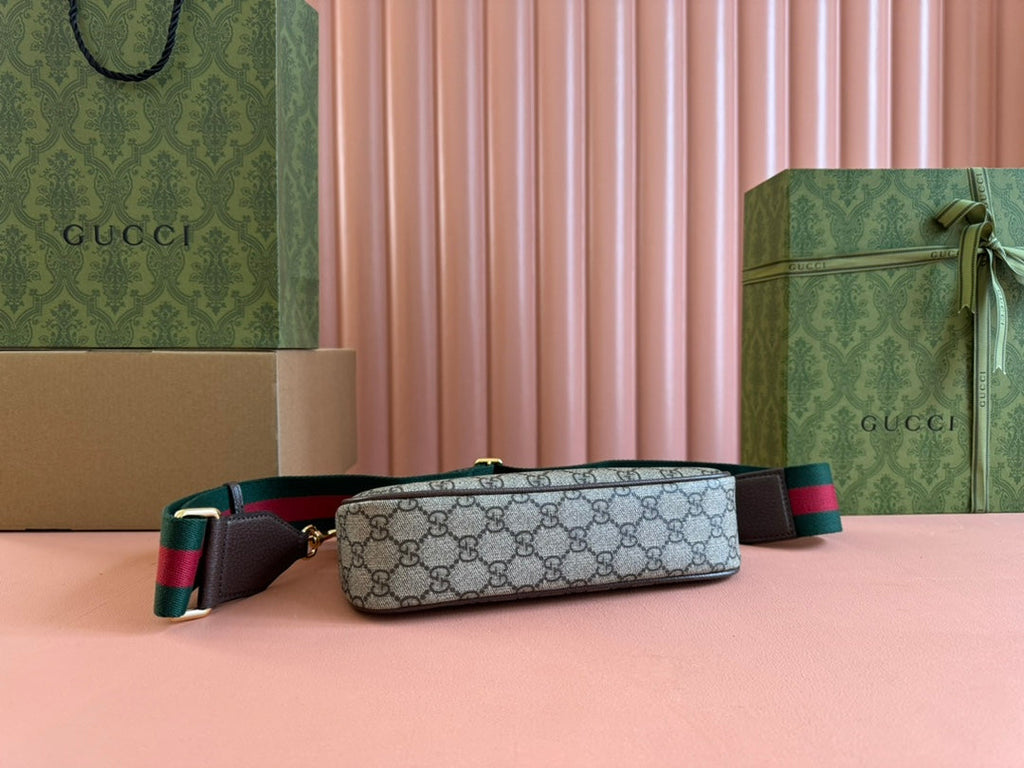 GUCCI OPHIDIA SMALL SHOULDER BAG 25 IN BEIGE EBONY CANVAS AND DARK BROWN LAMBSKIN GOLD HARDWARE