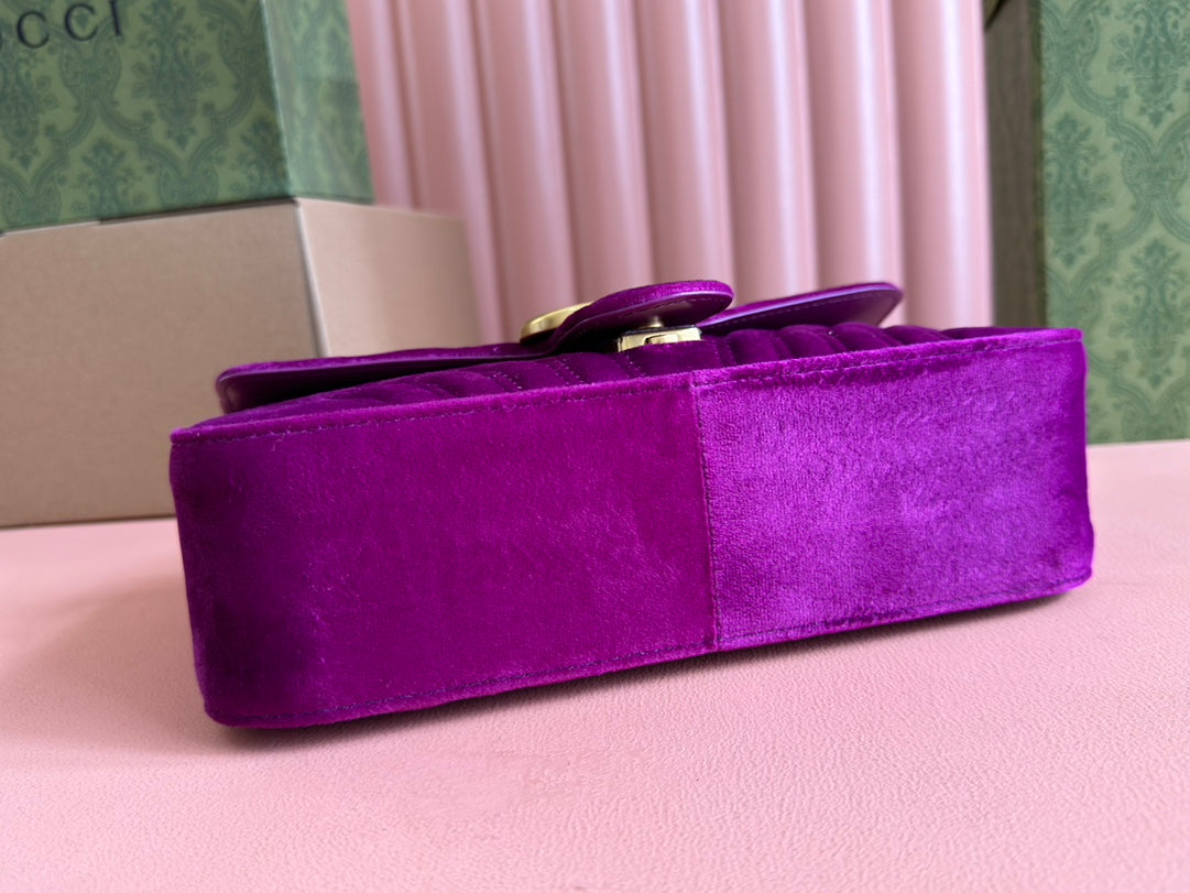 GUCCI 25S  MARMONT 26 CM IN DEEP PINK PURPLE VELVET WITH GOLD HARDWARE