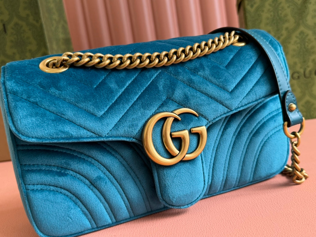 GUCCI 25S  MARMONT 26 CM IN DEEP TEAL BLUE VELVET WITH GOLD HARDWARE