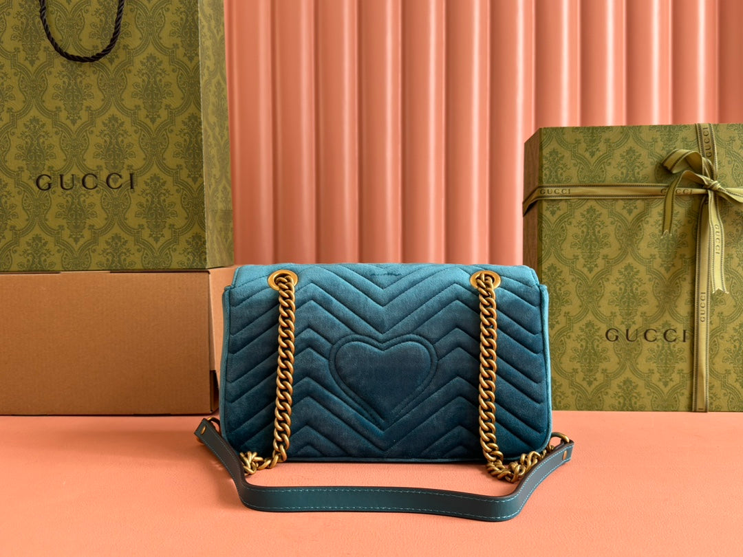 GUCCI 25S  MARMONT 26 CM IN DEEP TEAL BLUE VELVET WITH GOLD HARDWARE