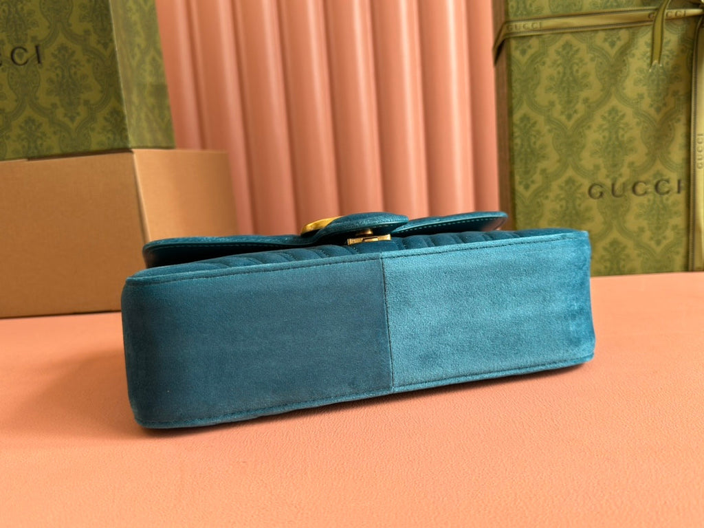 GUCCI 25S  MARMONT 26 CM IN DEEP TEAL BLUE VELVET WITH GOLD HARDWARE