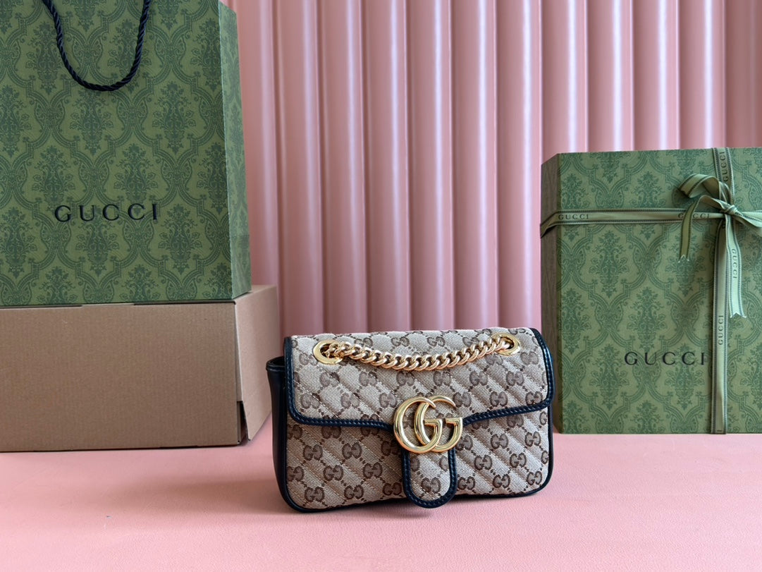 GUCCI MARMONT MEDIUM SHOULDER BAG 22 IN BEIGE AND BROWN  CANVAS BLACK CALFSKIN