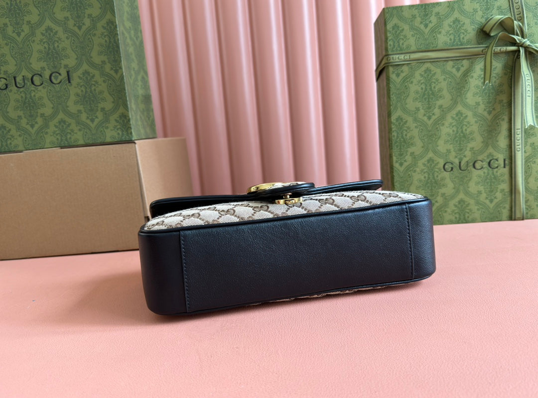 GUCCI MARMONT MEDIUM SHOULDER BAG 26 IN BEIGE AND BROWN  CANVAS BLACK CALFSKIN GOLD HARDWARE