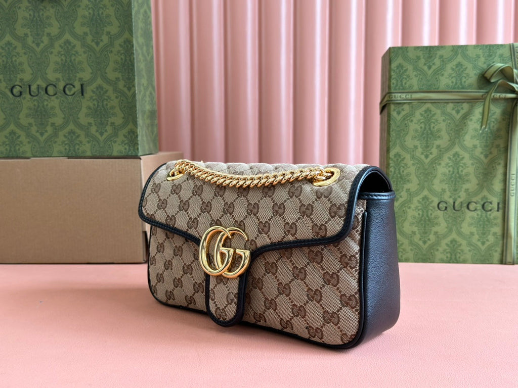 GUCCI MARMONT MEDIUM SHOULDER BAG 26 IN BEIGE AND BROWN  CANVAS BLACK CALFSKIN GOLD HARDWARE