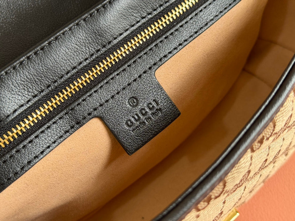 GUCCI MARMONT MEDIUM SHOULDER BAG 26 IN BEIGE AND BROWN  CANVAS BLACK CALFSKIN GOLD HARDWARE