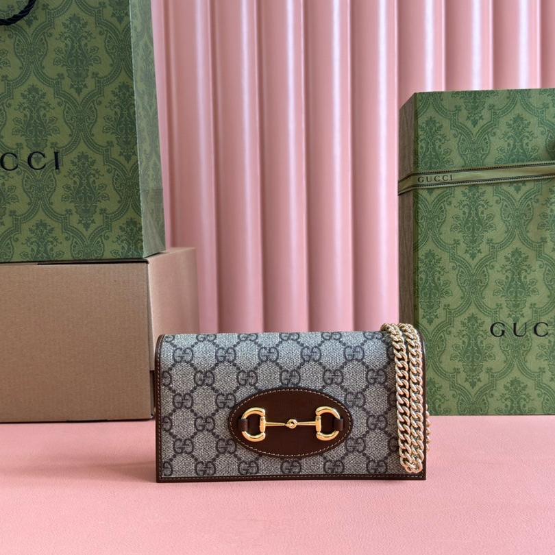 GUCCI HORSEBIT 1955 WALLET IN BEIGE EBONY CANVAS MIX BROWN CALFSKIN GOLD CHAIN