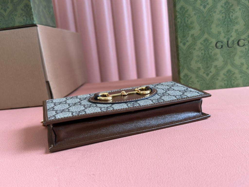GUCCI HORSEBIT 1955 WALLET IN BEIGE EBONY CANVAS MIX BROWN CALFSKIN GOLD CHAIN
