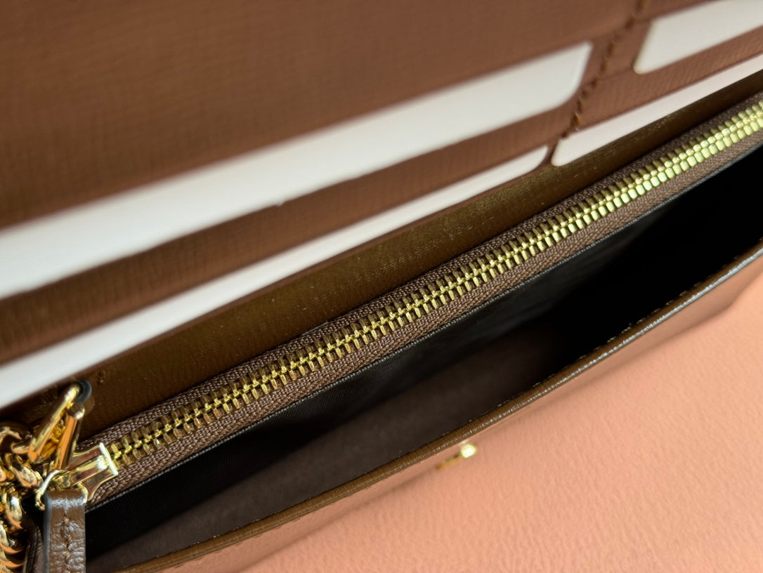 GUCCI HORSEBIT 1955 WALLET IN BEIGE EBONY CANVAS MIX BROWN CALFSKIN GOLD CHAIN