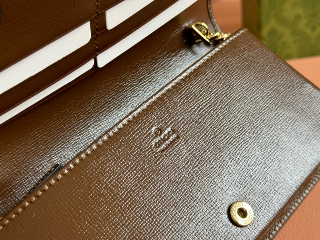 GUCCI HORSEBIT 1955 WALLET IN BEIGE EBONY CANVAS MIX BROWN CALFSKIN GOLD CHAIN