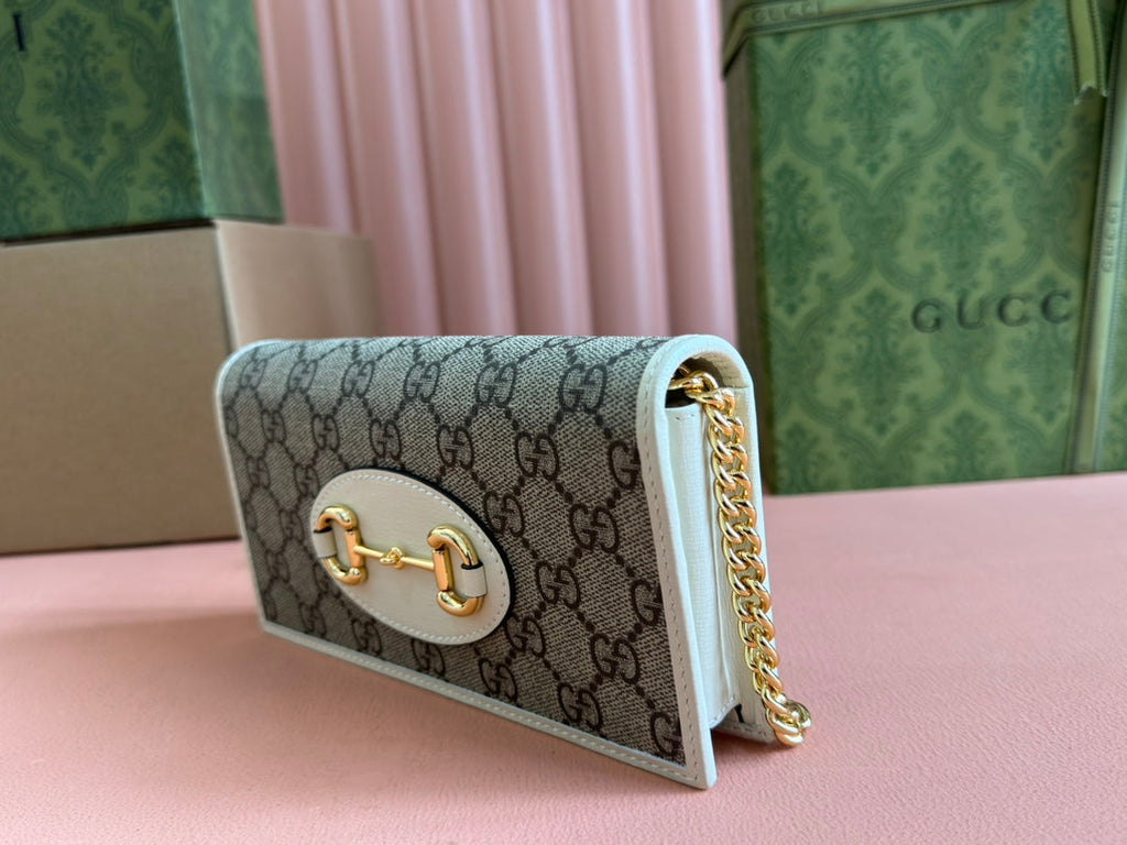 GUCCI HORSEBIT 1955 WALLET IN BEIGE EBONY CANVAS MIX WHITE CALFSKIN GOLD CHAIN