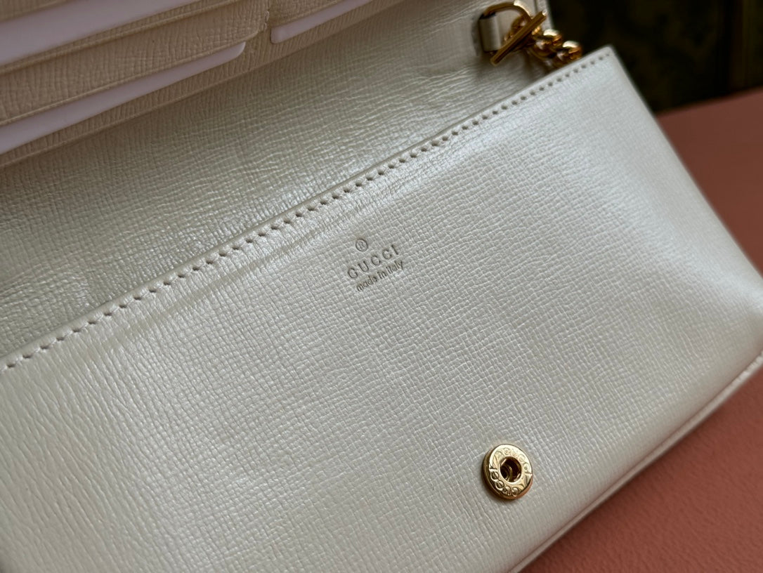 GUCCI HORSEBIT 1955 WALLET IN BEIGE EBONY CANVAS MIX WHITE CALFSKIN GOLD CHAIN