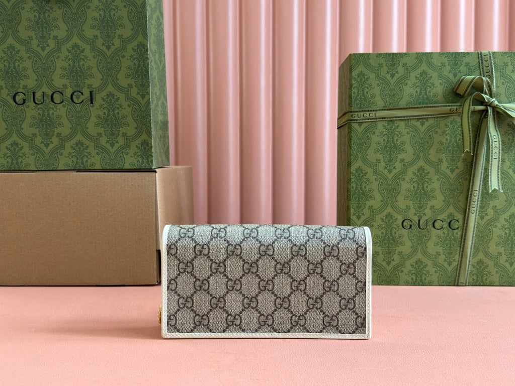 GUCCI HORSEBIT 1955 WALLET IN BEIGE EBONY CANVAS MIX WHITE CALFSKIN GOLD CHAIN