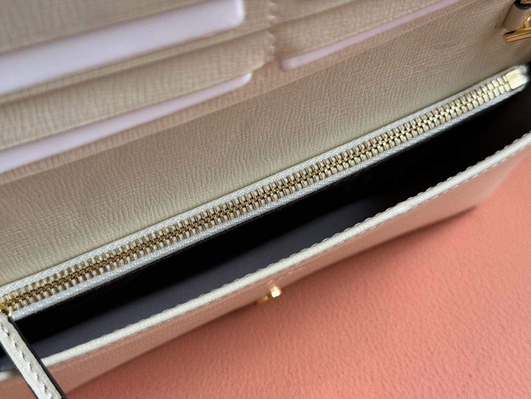 GUCCI HORSEBIT 1955 WALLET IN BEIGE EBONY CANVAS MIX WHITE CALFSKIN GOLD CHAIN