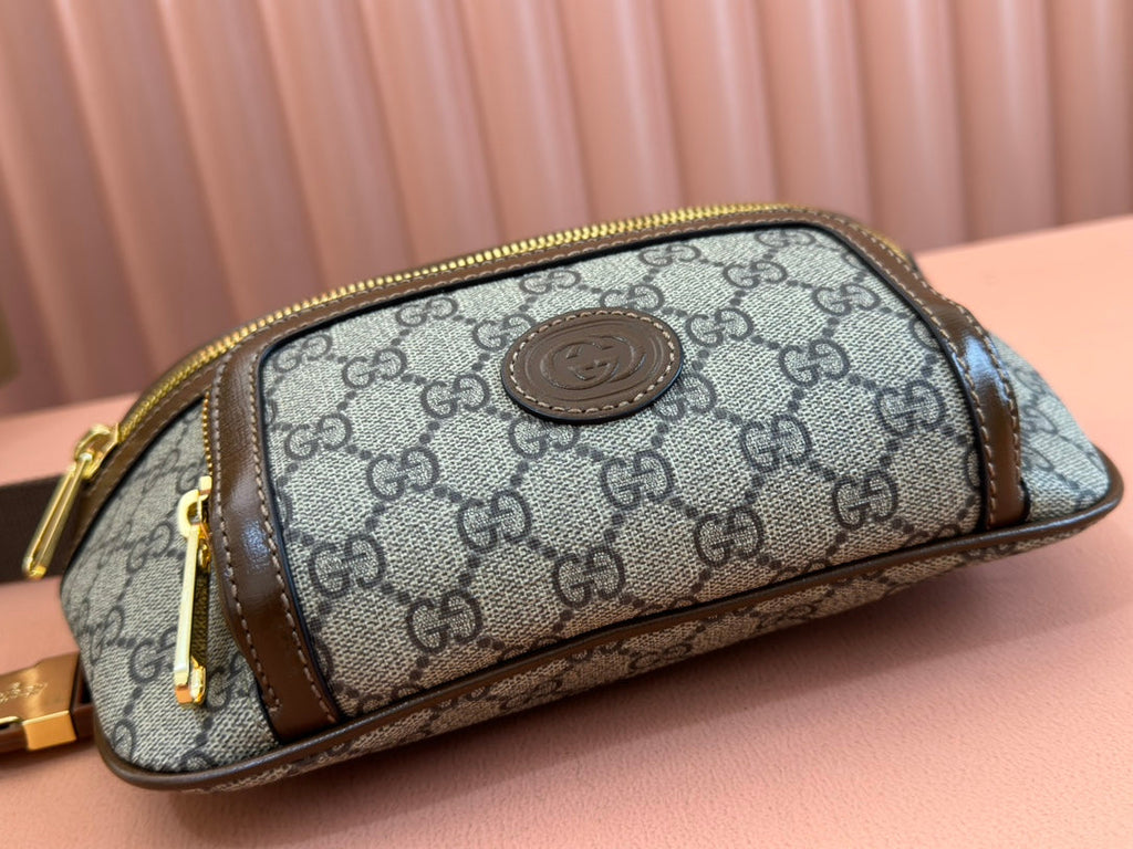 GUCCI OPHIDIA BELT BAG 28 IN BROWN AND BEIGE  CALFSKIN