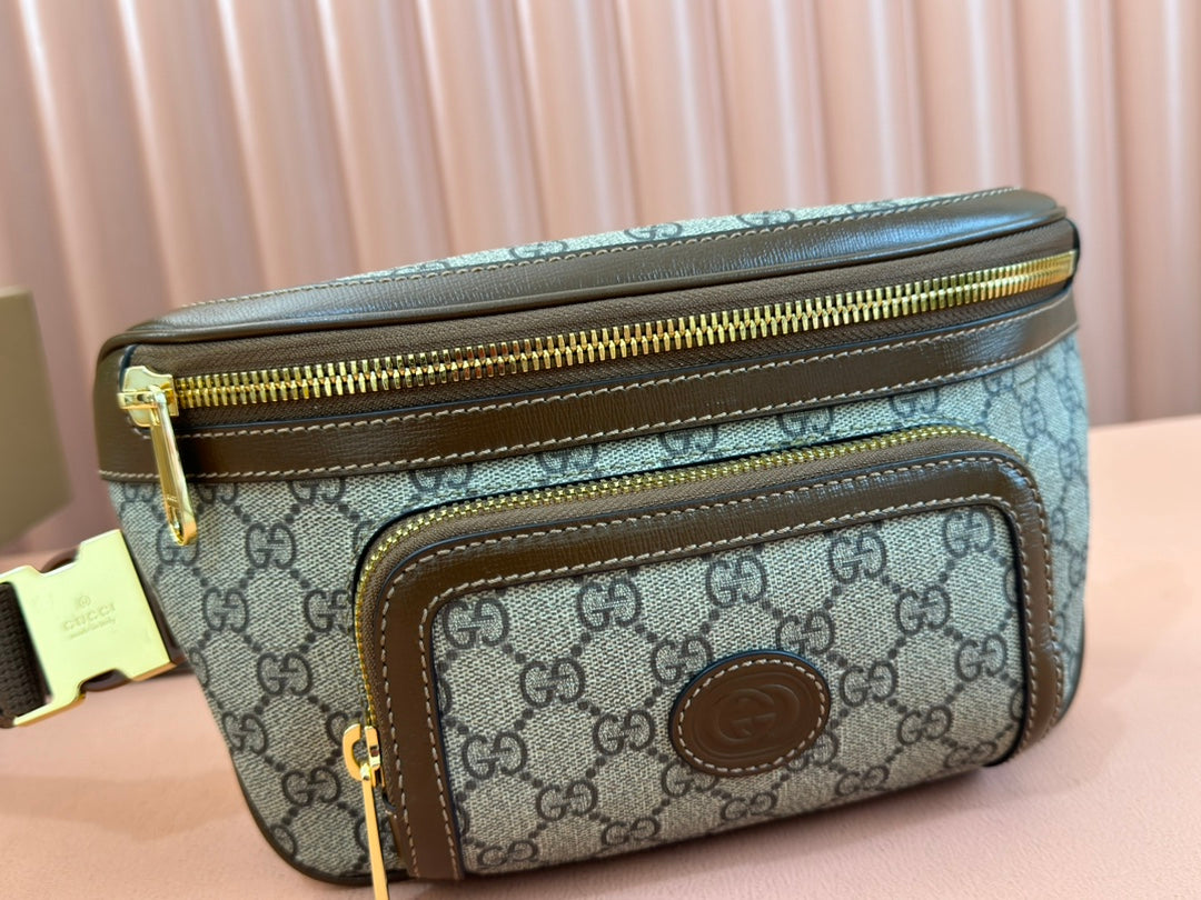 GUCCI OPHIDIA BELT BAG 28 IN BROWN AND BEIGE  CALFSKIN
