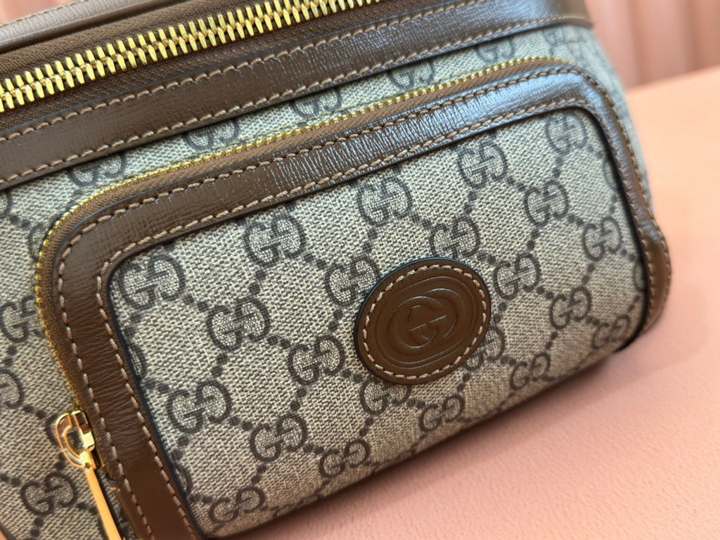 GUCCI OPHIDIA BELT BAG 28 IN BROWN AND BEIGE  CALFSKIN