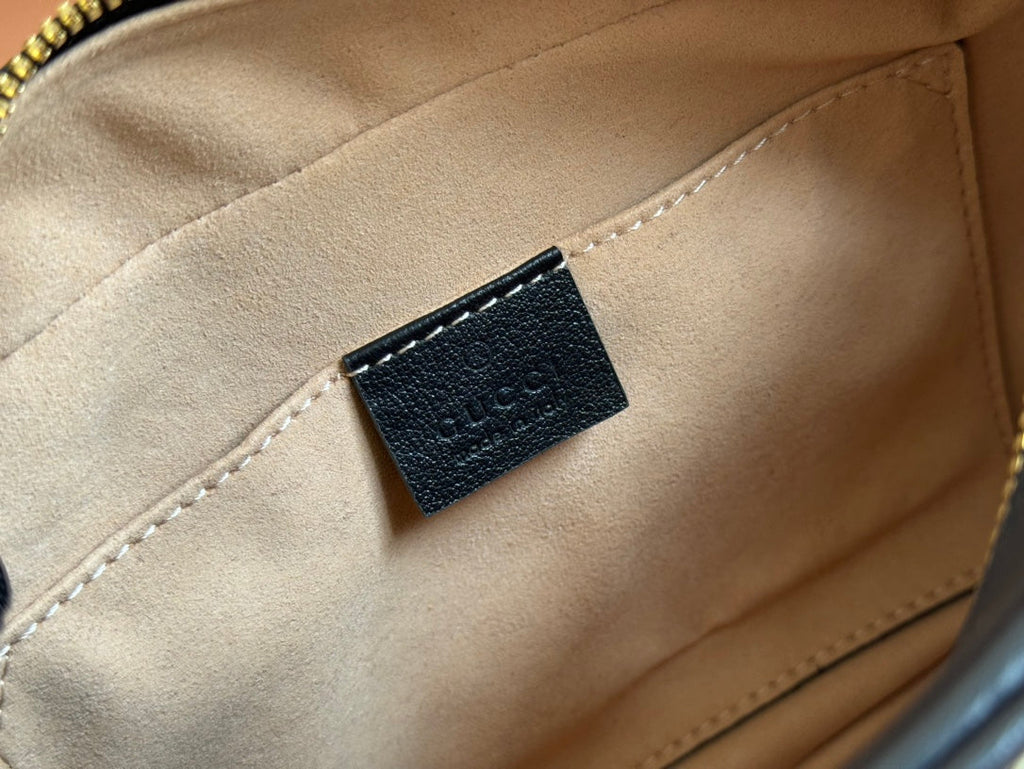 GUCCI MARMONT MEDIUM SHOULDER BAG 24 IN BEIGE AND BROWN  CANVAS BLACK CALFSKIN
