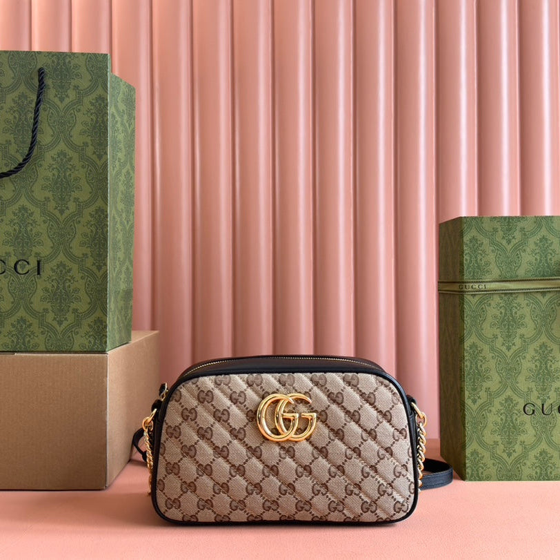 GUCCI MARMONT MEDIUM SHOULDER BAG 24 IN BEIGE AND BROWN  CANVAS BLACK CALFSKIN