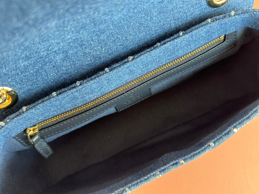 GUCCI MARMONT SHOULDER BAG 26 IN BLUE DENIM WITH DOUBLE G CRYSTAL PATTERN GOLD HARDWARE