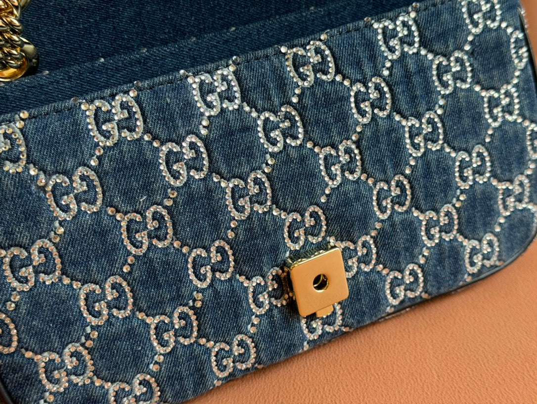 GUCCI MARMONT SHOULDER BAG 26 IN BLUE DENIM WITH DOUBLE G CRYSTAL PATTERN GOLD HARDWARE