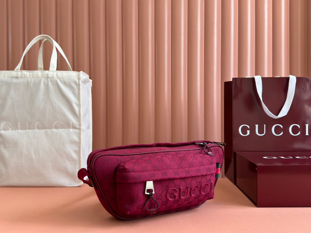 GUCCI BELT BAG 34 IN CURRANT RED MONOGRAM CANVAS