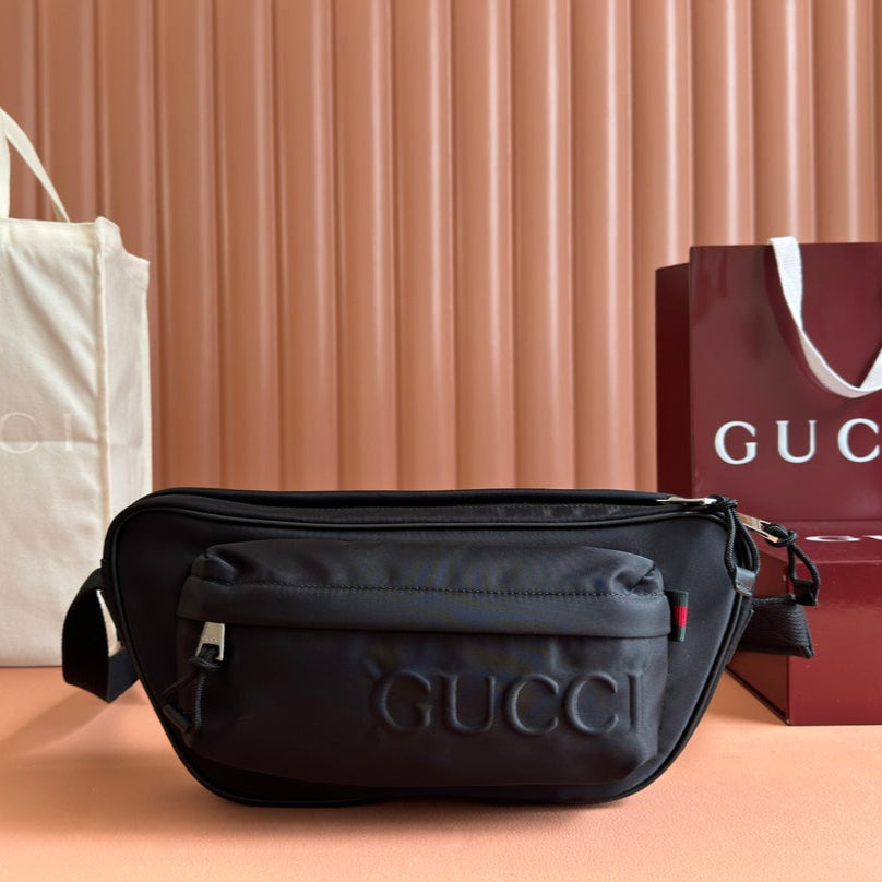 GUCCI LARGE BELT BAG 34 IN BLACK CANVAS GREEN AND RED WEB DETAIL