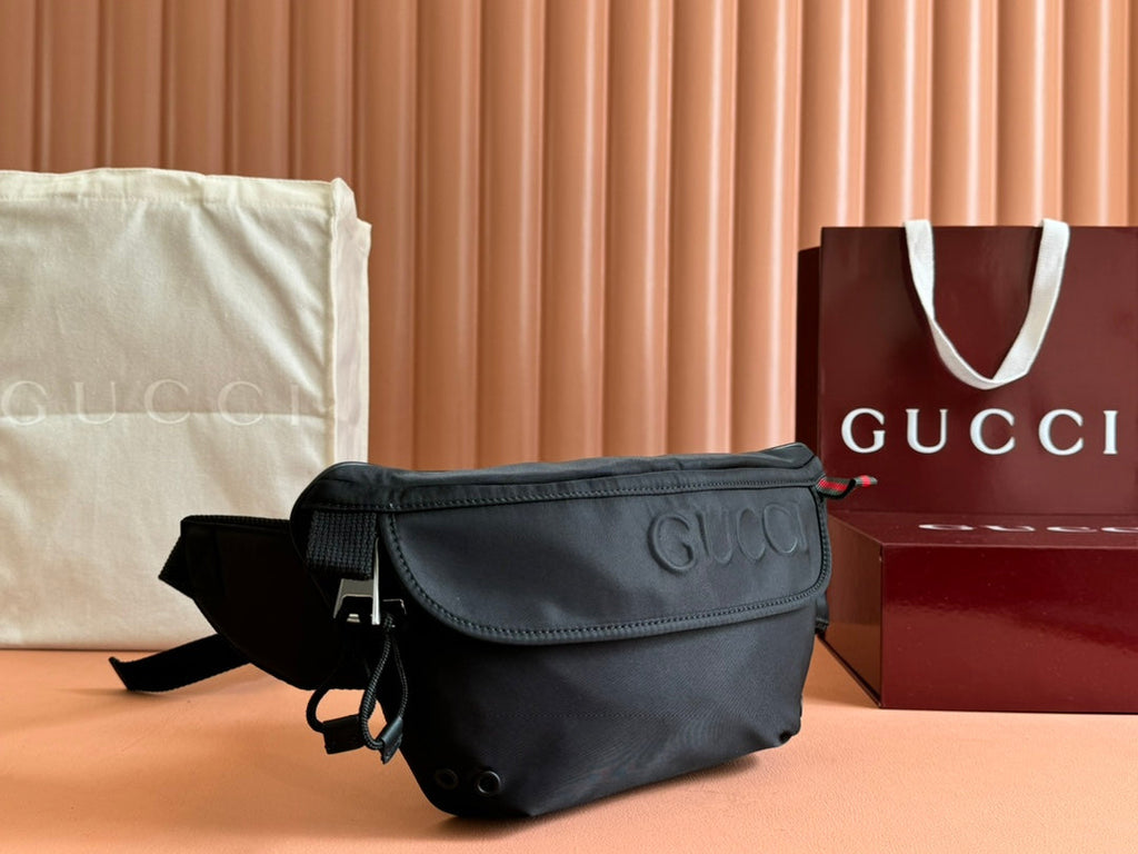 GUCCI LARGE BELT BAG 32 IN BLACK CANVAS GREEN AND RED WEB DETAIL