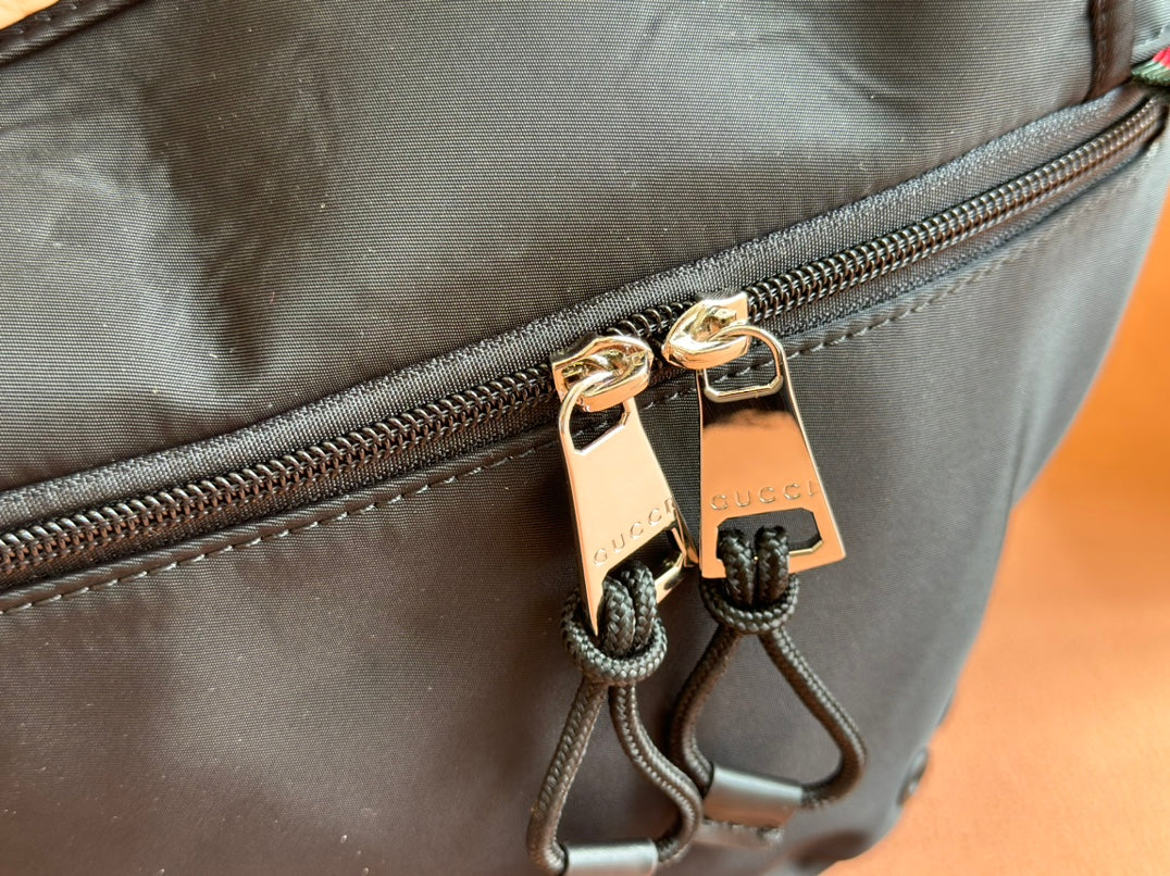 GUCCI LARGE BELT BAG 32 IN BLACK CANVAS GREEN AND RED WEB DETAIL