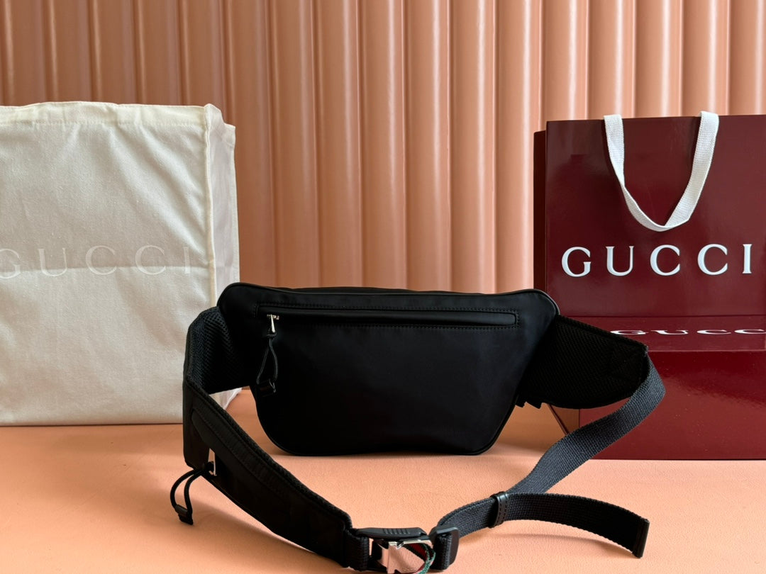 GUCCI LARGE BELT BAG 32 IN BLACK CANVAS GREEN AND RED WEB DETAIL
