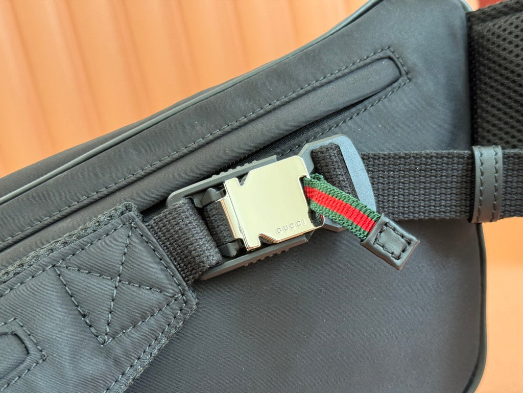 GUCCI LARGE BELT BAG 32 IN BLACK CANVAS GREEN AND RED WEB DETAIL