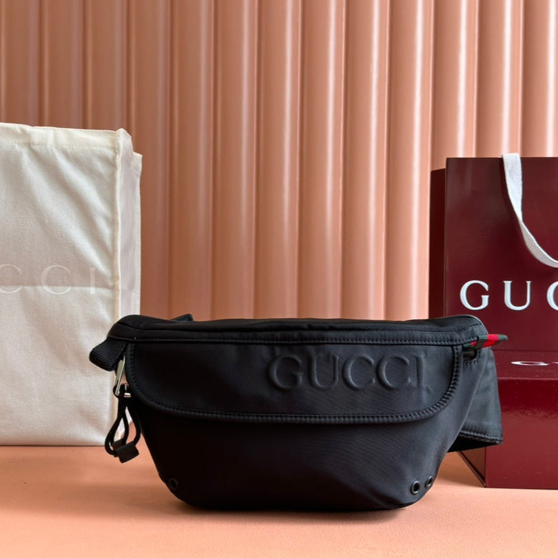 GUCCI LARGE BELT BAG 32 IN BLACK CANVAS GREEN AND RED WEB DETAIL