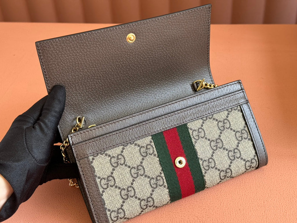 GUCCI OPHIDIA WALLET ON GOLD CHAIN 19 IN BEIGE AND DARK BROWN CANVAS AND BROWN CALFSKIN