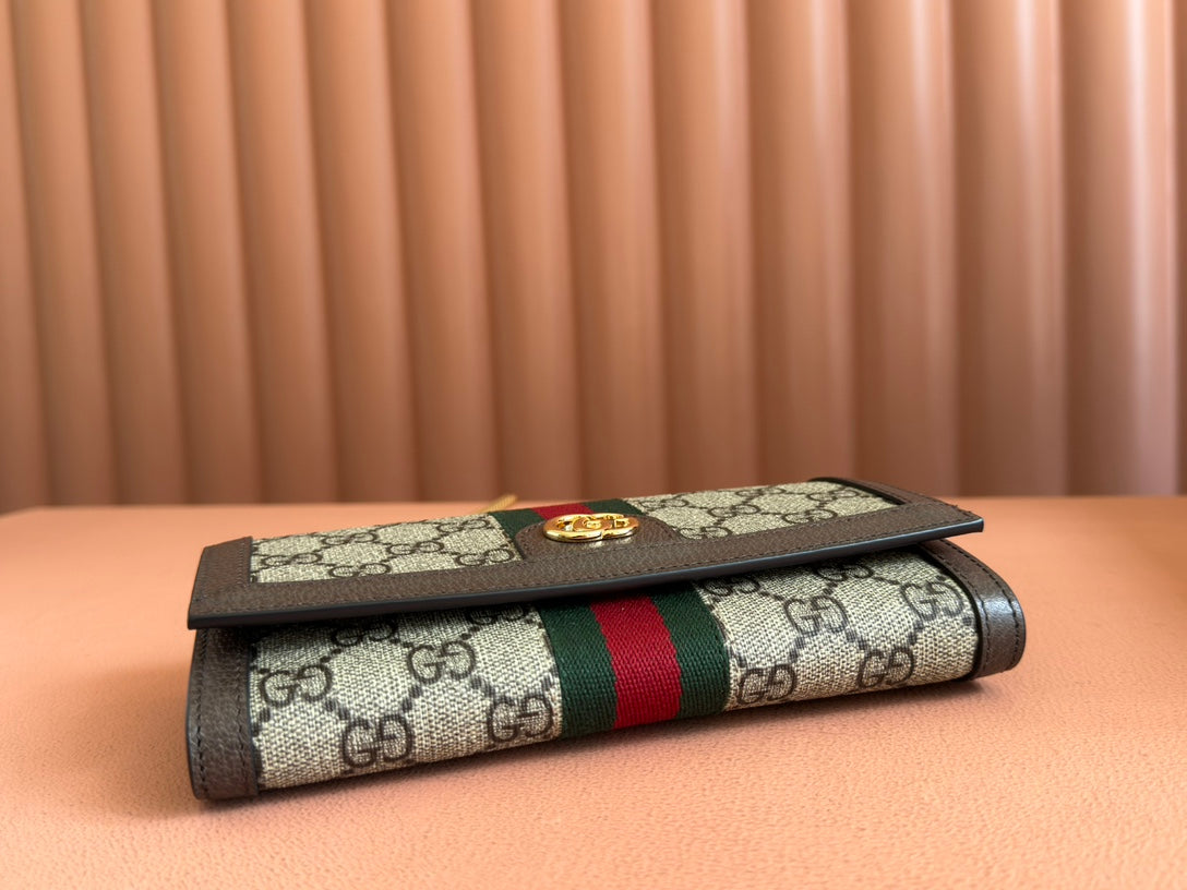 GUCCI OPHIDIA WALLET ON GOLD CHAIN 19 IN BEIGE AND DARK BROWN CANVAS AND BROWN CALFSKIN