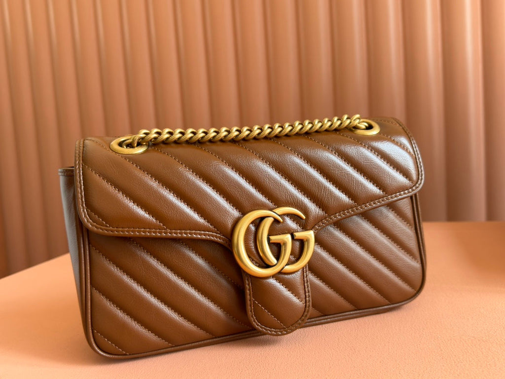 GUCCI MARMONT MEDIUM SHOULDER BAG  26 IN BROWN MATELASSE CHEVRON LAMBSKIN