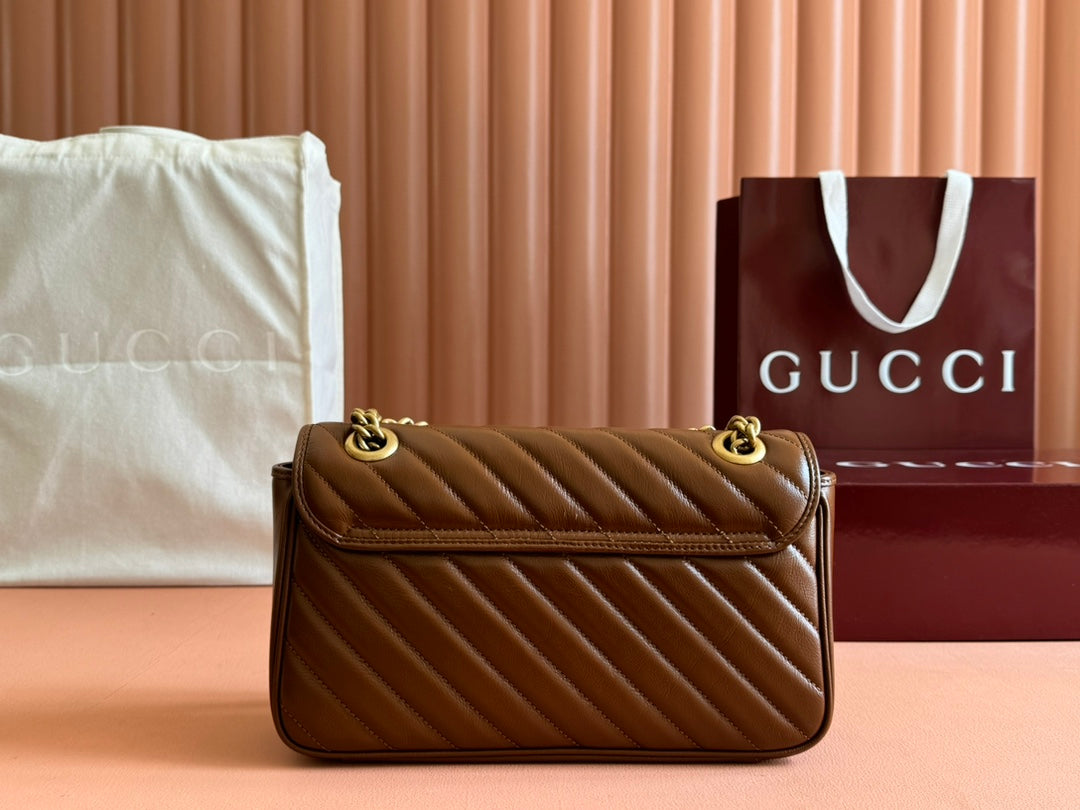 GUCCI MARMONT MEDIUM SHOULDER BAG  26 IN BROWN MATELASSE CHEVRON LAMBSKIN