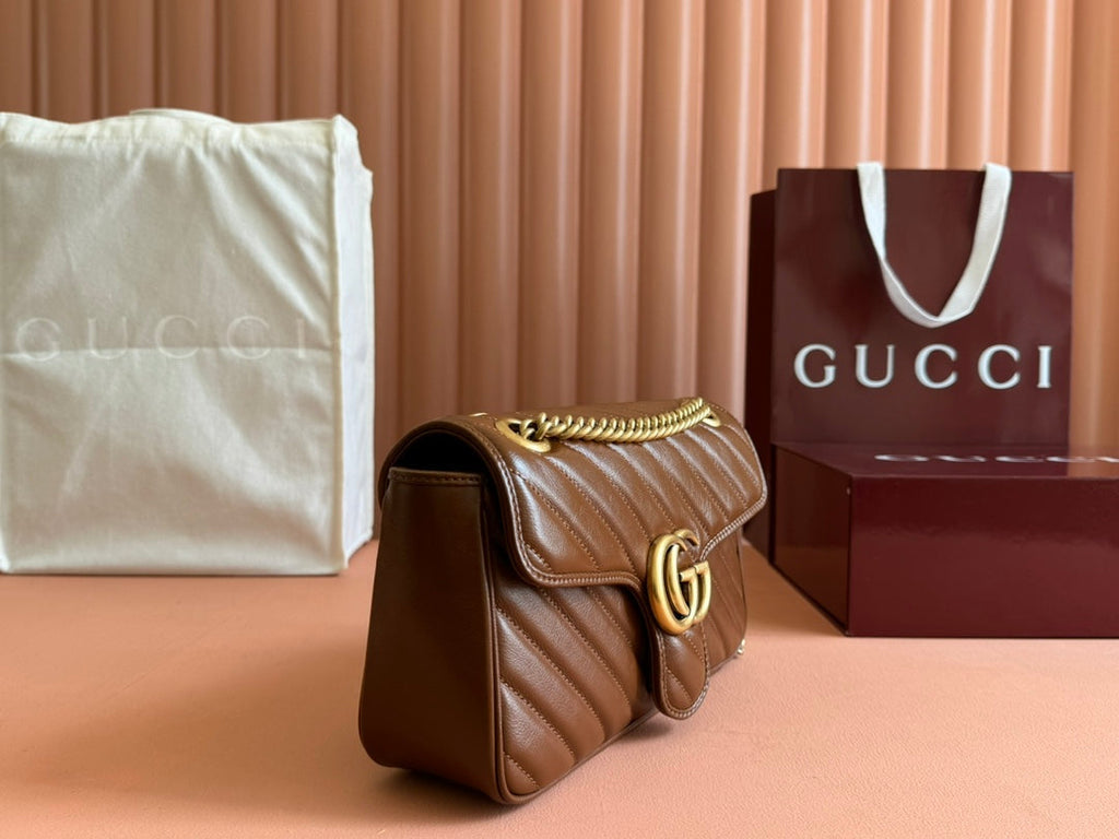 GUCCI MARMONT MEDIUM SHOULDER BAG  26 IN BROWN MATELASSE CHEVRON LAMBSKIN
