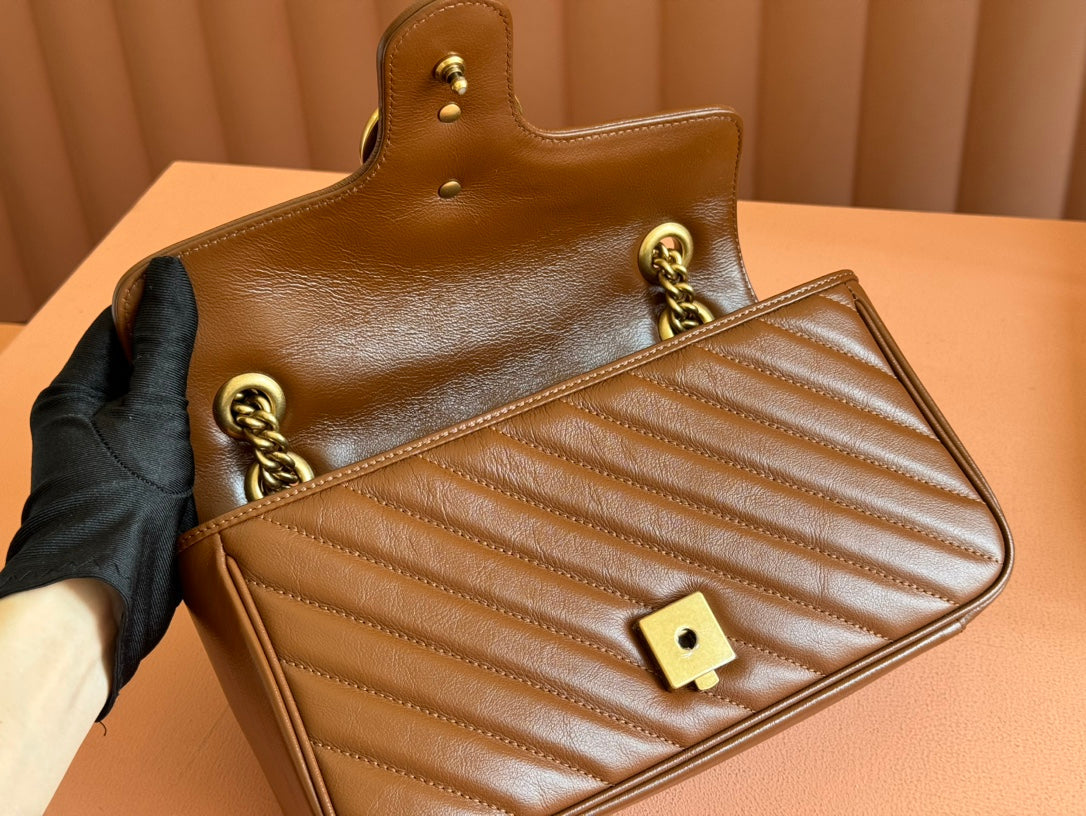 GUCCI MARMONT MEDIUM SHOULDER BAG  26 IN BROWN MATELASSE CHEVRON LAMBSKIN