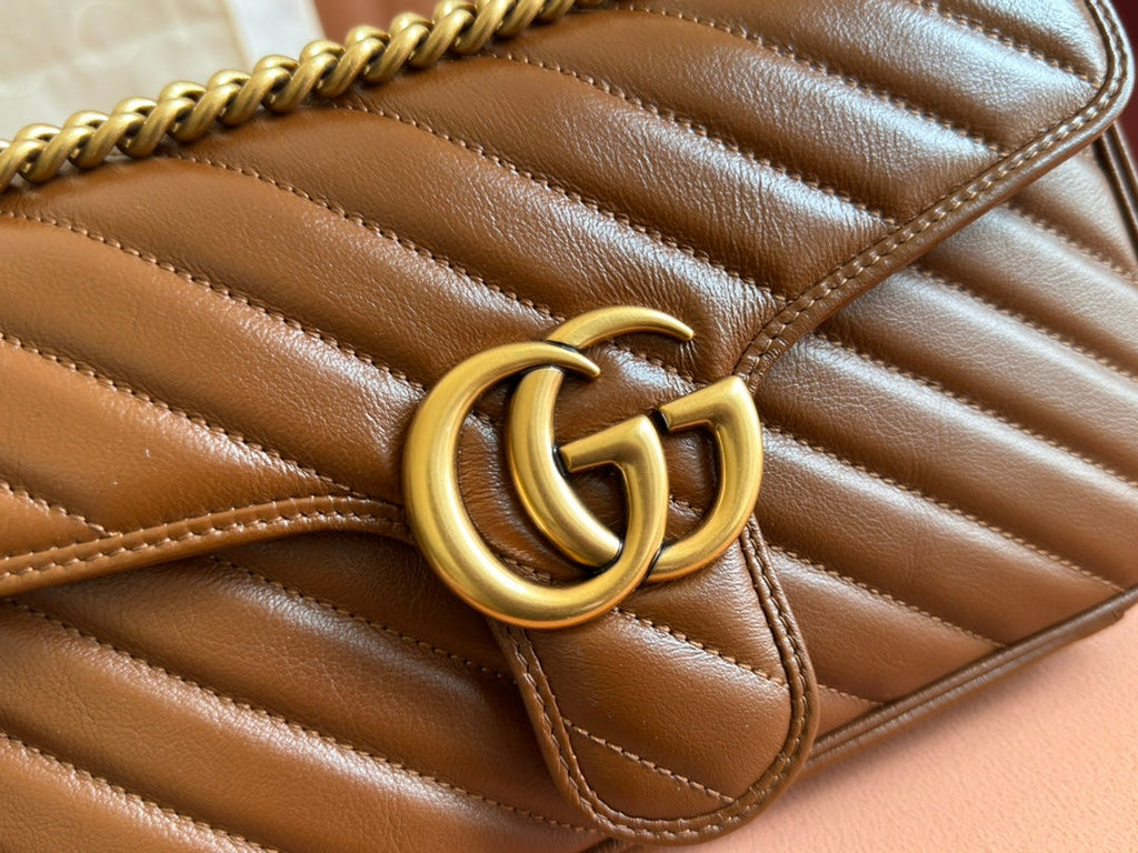 GUCCI MARMONT MEDIUM SHOULDER BAG  26 IN BROWN MATELASSE CHEVRON LAMBSKIN