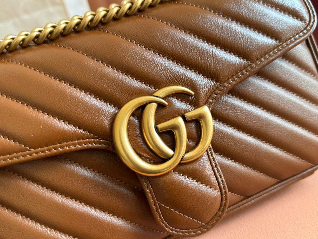 GUCCI MARMONT MEDIUM SHOULDER BAG  26 IN BROWN MATELASSE CHEVRON LAMBSKIN