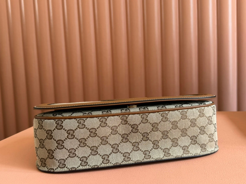 GUCCI BLONDIE LARGE TOP HANDLE BAG 32 IN BEIGE AND DARK BROWN CANVAS BROWN CALFSKIN