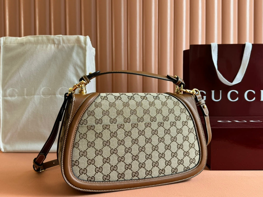 GUCCI BLONDIE LARGE TOP HANDLE BAG 32 IN BEIGE AND DARK BROWN CANVAS BROWN CALFSKIN