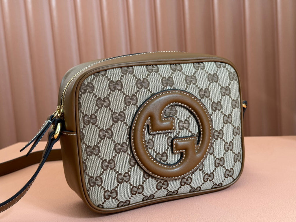 GUCCI BLONDIE SMALL SHOULDER BAG 21 IN BEIGE AND DARK BROWN CANVAS BROWN CALFSKIN