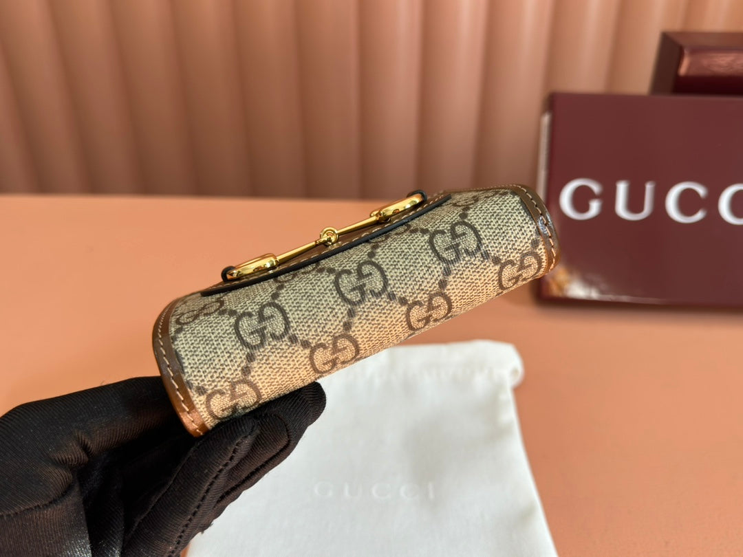 GUCCI HORSEBIT 1955 CARD CASE WALLET 11.5 IN BEIGE EBONY  CANVAS BROWN CALFSKIN